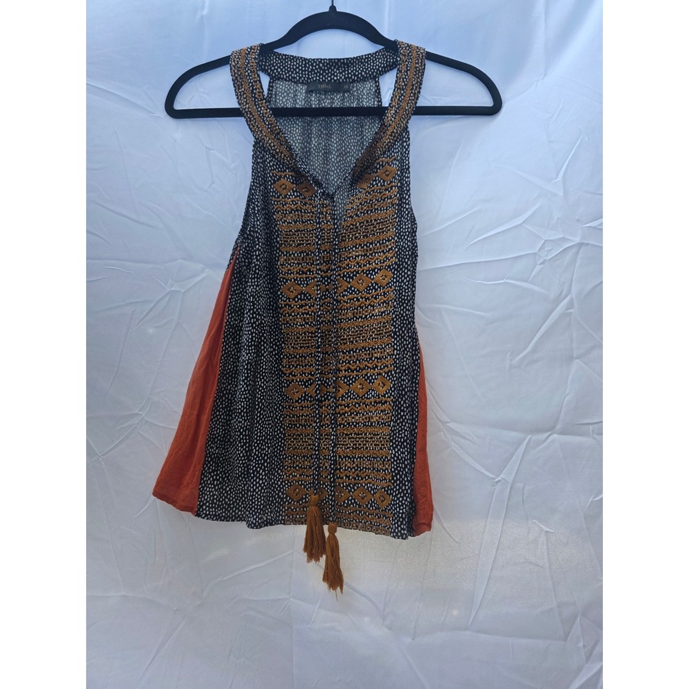 THML Womens XS Embroidered Tassel Tie Tank Top Black Orange Boho Rayon NT043 - Picture 1 of 9